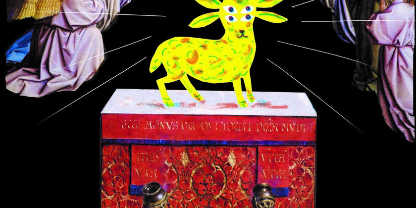 een tafereel van een rood altaar met daarop een geel dier met 4 ogen en oren, daarachter biddende engelen