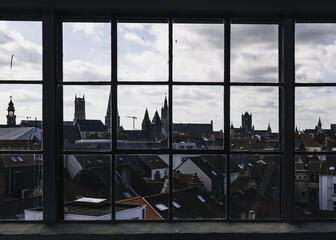 Panoramic view of Ghent with the towers in the distance.