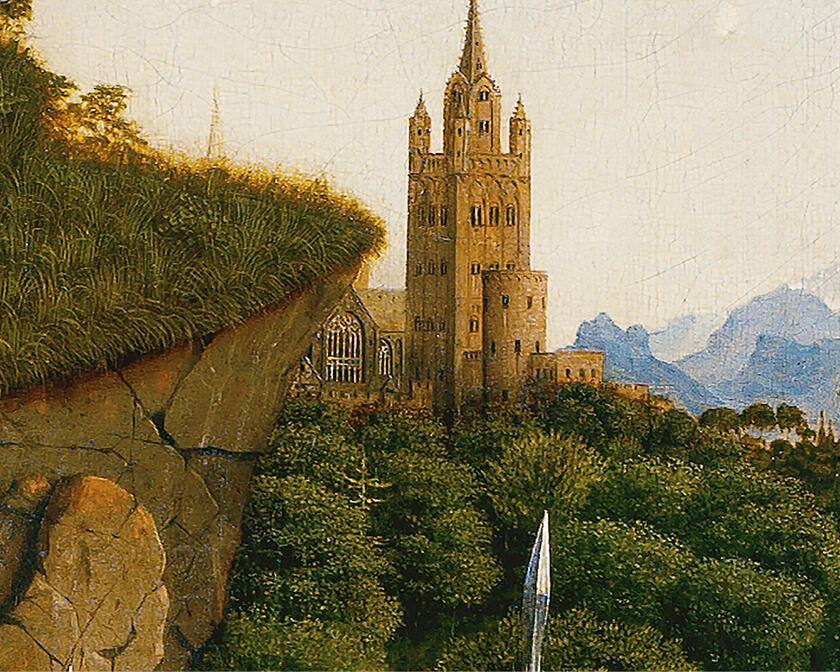 landschap met in de verte een toren op het lam gods 