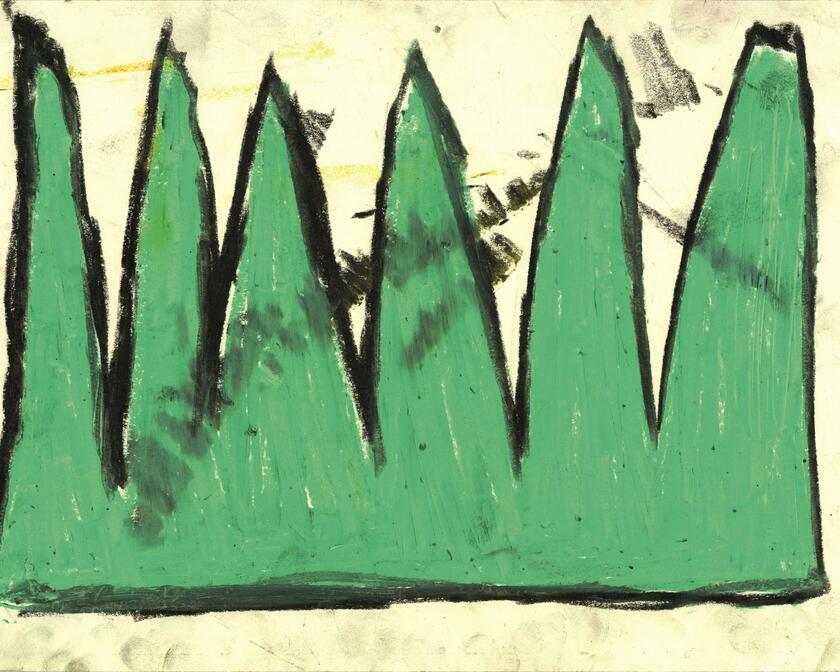 kinderlijke tekening met groene heuvels