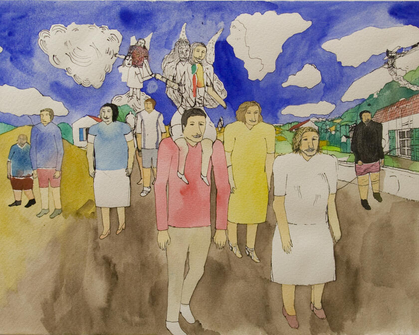 schilderij met verschillende mensen, een huisje, blauwe lucht met wolken, bruine grond