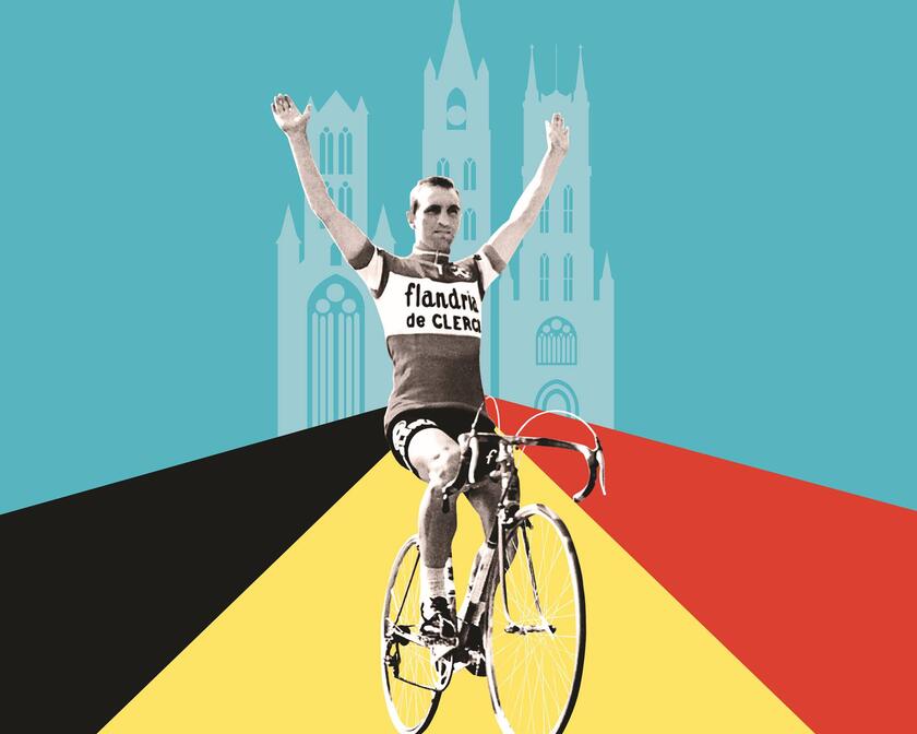 wielrenner voor de 3 torens van Gent met de Belgische vlag als weg