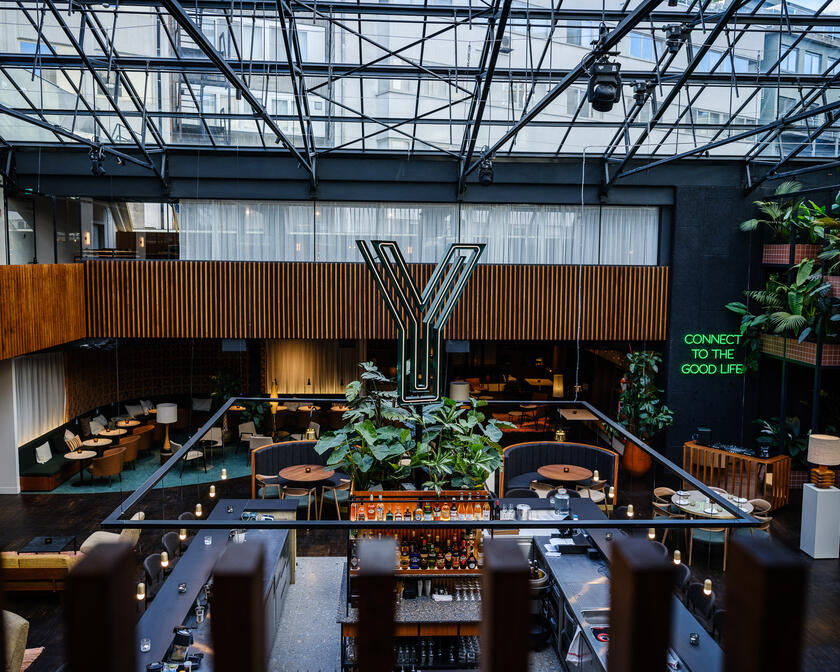 View of the bar and lounge with the large 'Y' of Yalo as its central point. To the right, plants can be seen. The entire bar is covered by glass.