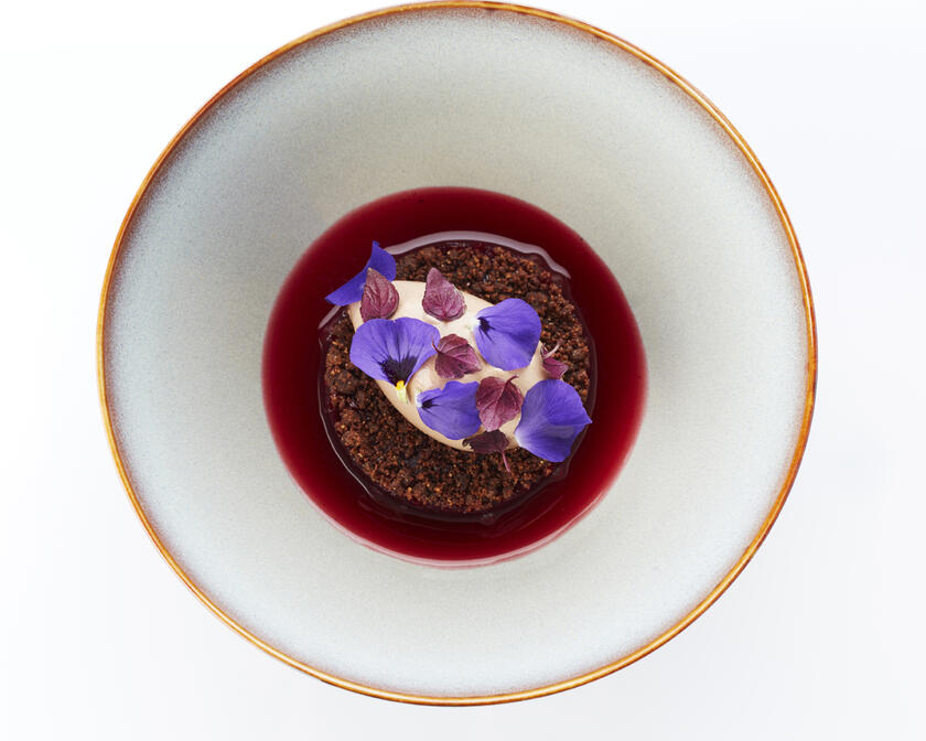 Plat avec du chocolat, canneberge et laurier