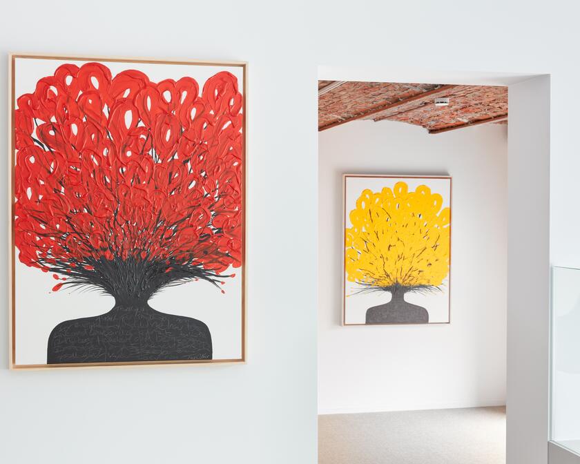 Ted Collier-Soloshow-Thank you Mom-Figurative Series red and yellow-September 2023. First floor with old brick ceiling