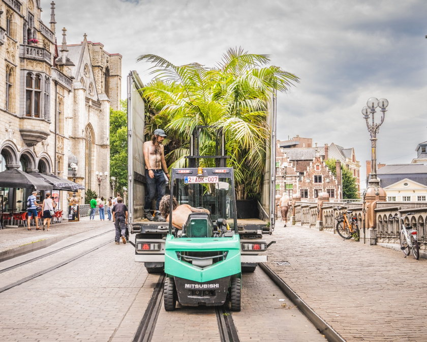©Wannes Nimmegeers On Sint-Michielshelling, you look into the back of an open truck. Inside are a man with bared upper body and several large palm plants. A small forklift stands in front of the tailgate.
