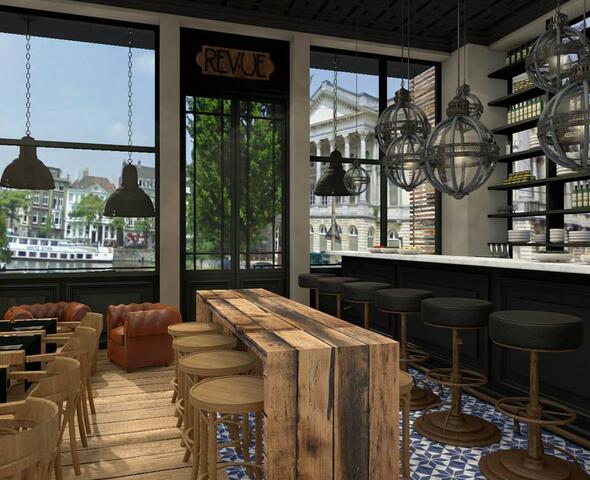 Realistische tekening van het interieur restaurant Revue.