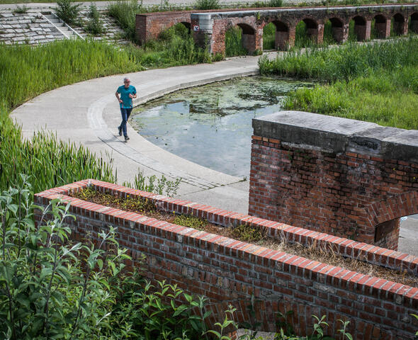 een man die aan het lopen is op een weg tussen het water, riet en gras