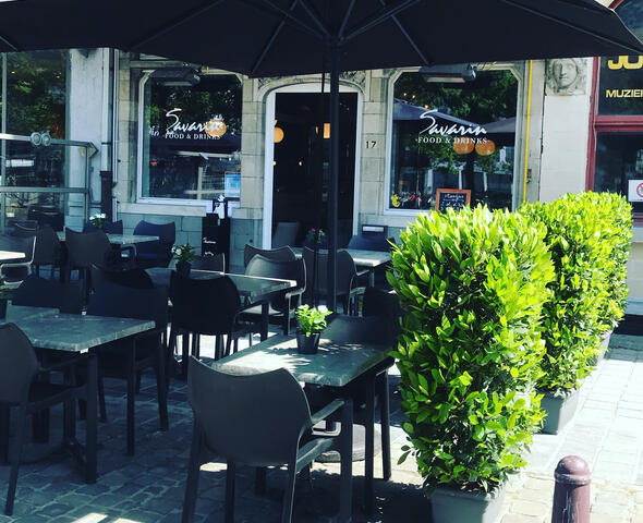 terras met een bruine parasol, tafels en stoelen, 2 grote planten