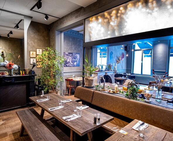 View of the dining area with set tables