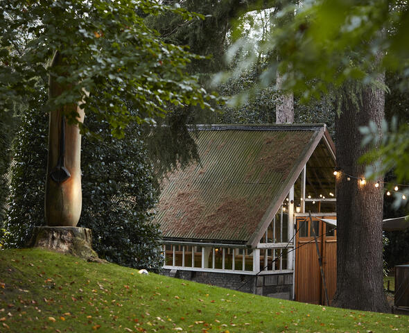 Building among the trees, decorated with festooned lights