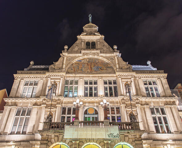 Illuminated façade of the theatre on Sint-Baafsplein in Ghent
