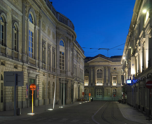 Illuminated Schouwburgstraat with view of the Palace of Justice