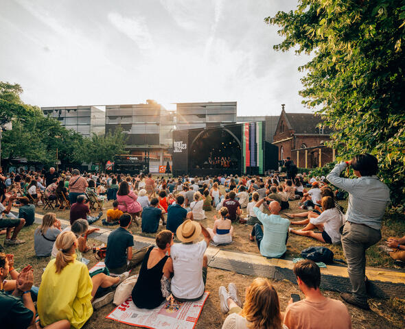 Mensen op het gras tijdens een festival