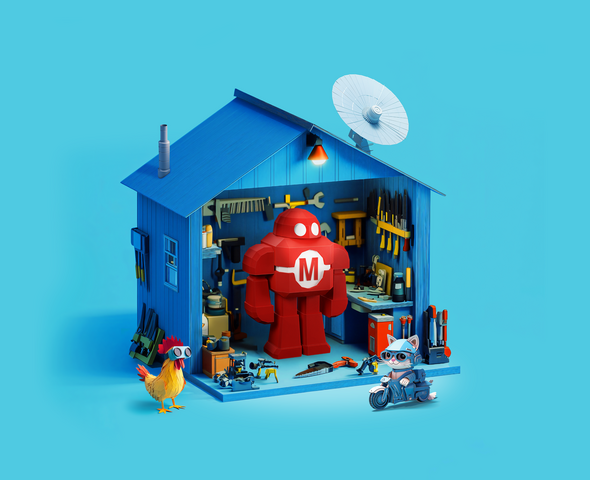 illustratie van het festival met een robot in een tuinhuis