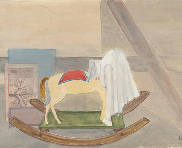 Rocking horse with a white shirt over its head