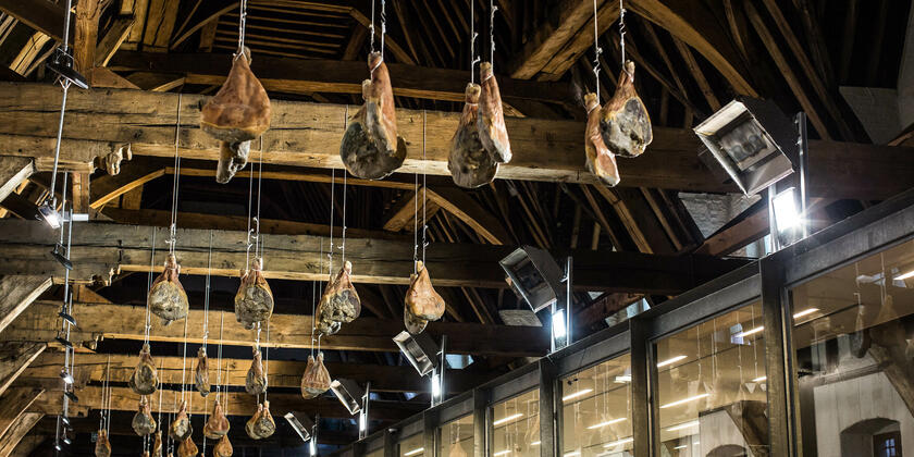 Ham hanging out to dry from a wooden beam.