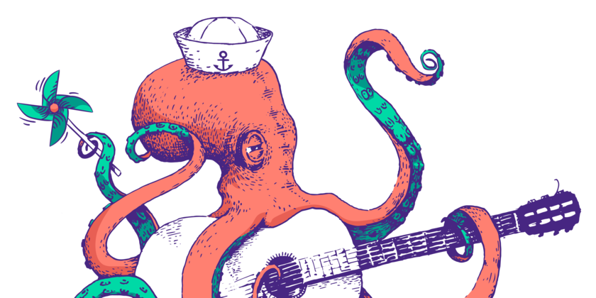 Cartoon van inktvis die gitaar speelt