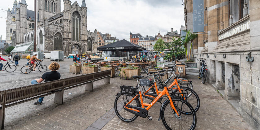 Orange bikes of Donkey Republic in the city centre