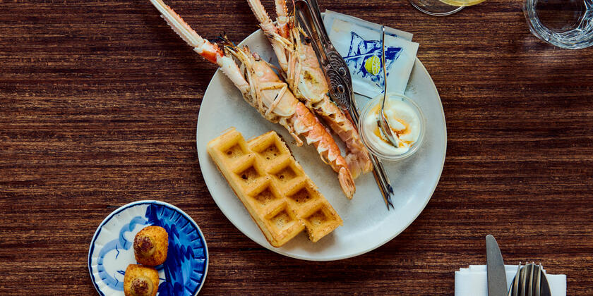 Langoustine with waffle and sauce