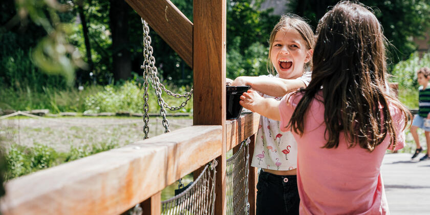 Two girls are standing by a wooden structure in the museum garden, having fun.