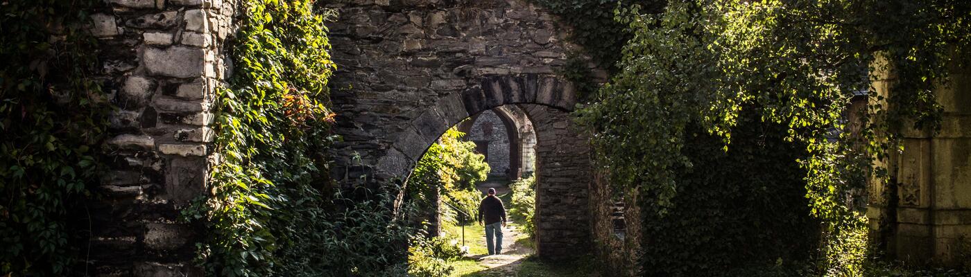 Een man wandelt op het pad in de ruïne van de Sint-Baafsabdij.