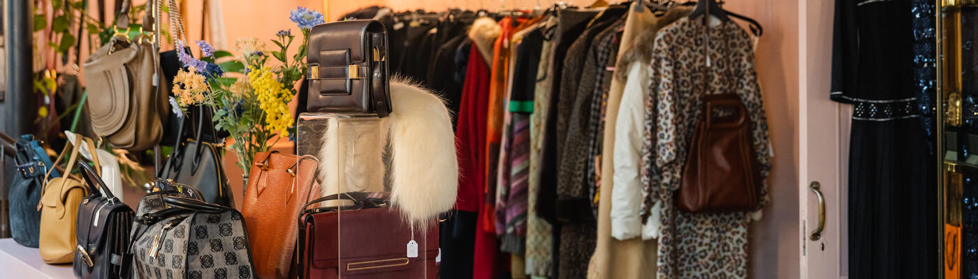 Shop with vintage clothing and handbags