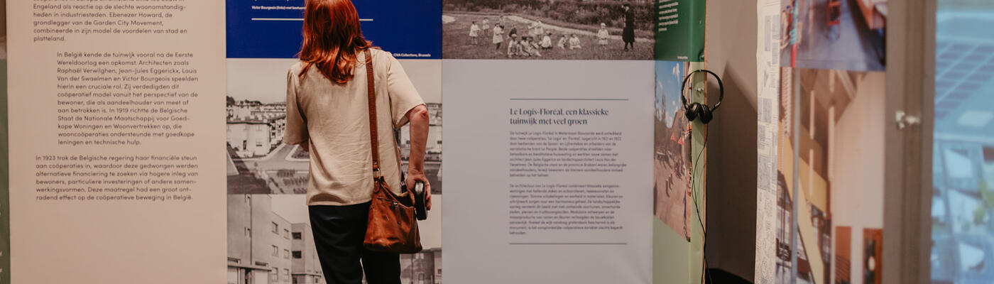 Vrouw bezoekt de tentoonstelling