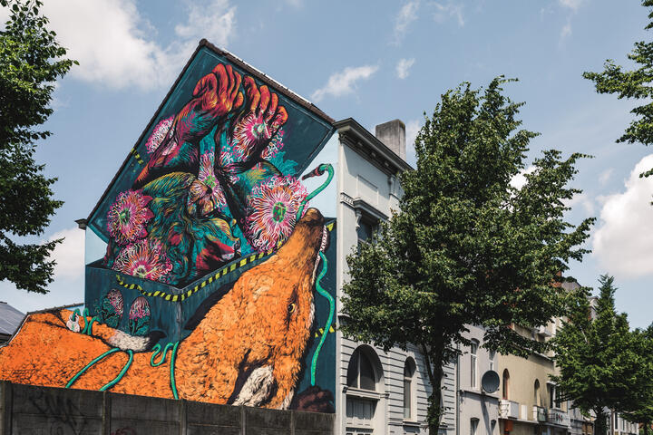 ©Stad Gent - Michiel Devijver street art van een vos die een tuinslang in zijn bek heeft en een vrouw in een doos die wordt opgengedaan