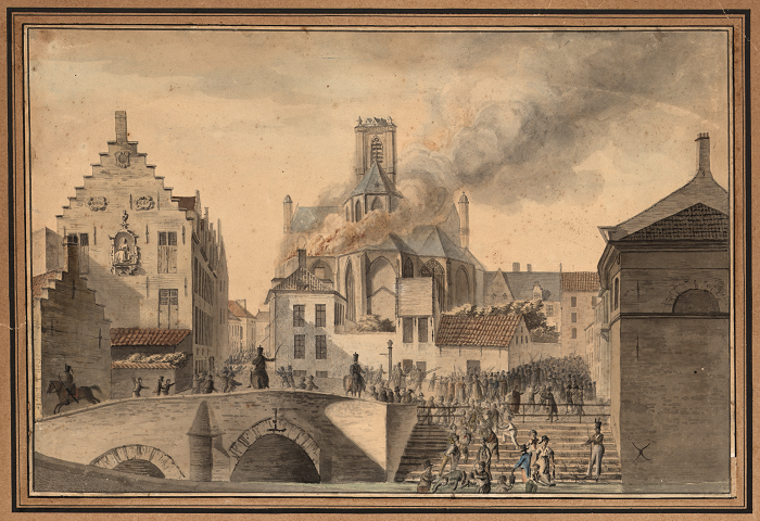 aquarelle sur l'incendie dans la cathédrale Saint-Bavon