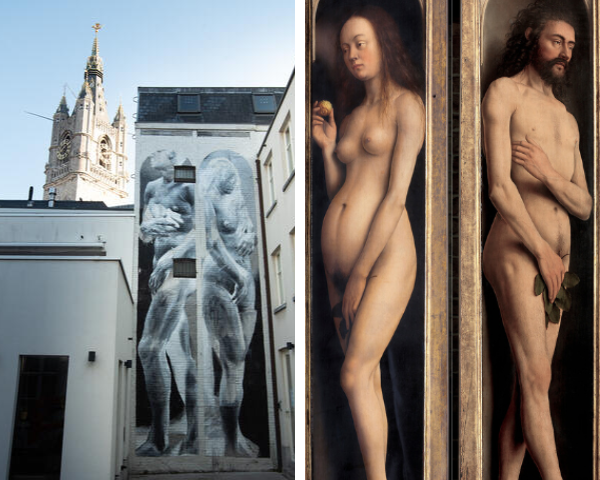 Vergleich zwischen der Street Art Adam und Eva und den ursprünglichen Tafeln der Genter Altar, von denen die Street Art inspiriert wurde