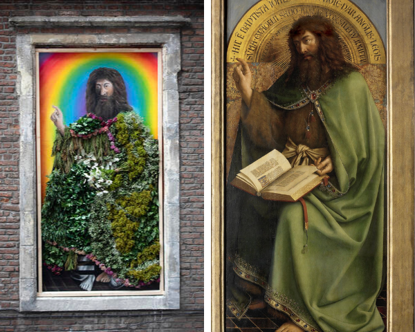 Vergelijking tussen streetart Johannes De Doper en het oorspronkelijke paneel van het Lam Gods waarop de straatkunst geïnspireerd werd