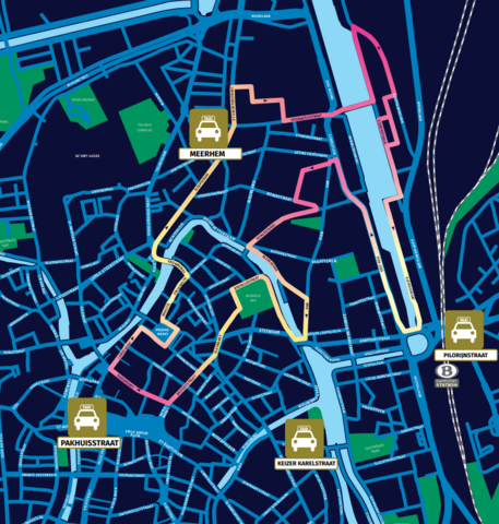 kaart met standplaatsen van taxi's