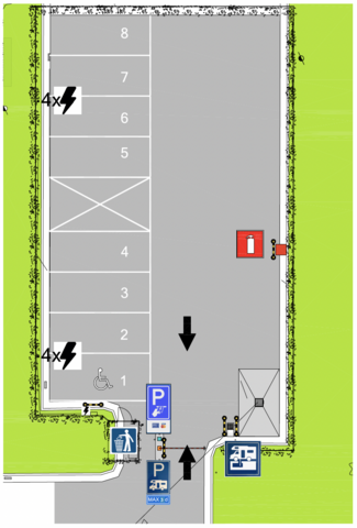 Plattegrond van kampeerterrein Driebeek met aanduiding faciliteiten en parkeerplaatsen