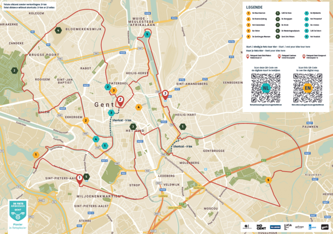©De Fietsambassade Kaart van Gent met daarop de Gentse Fietsen Route aangeduid