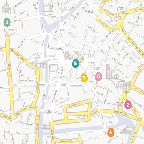Plattegrond van de stad Gent met aanduiding van locaties voor het verzamelen van letters voor de zoektocht