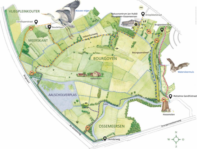 grondplan van het natuurreservaat Bourgoyen-Ossemeersen, met aanduiding van de wandelpaden, de gebouwen, de rivier en waterplas, en afbeeldingen van een ooievaar en een vleermuis