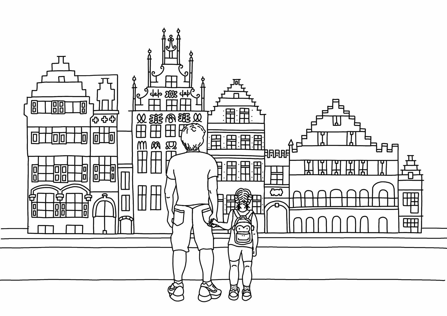 tekening van gebouwen in Gent en 2 personen die ernaar kijken