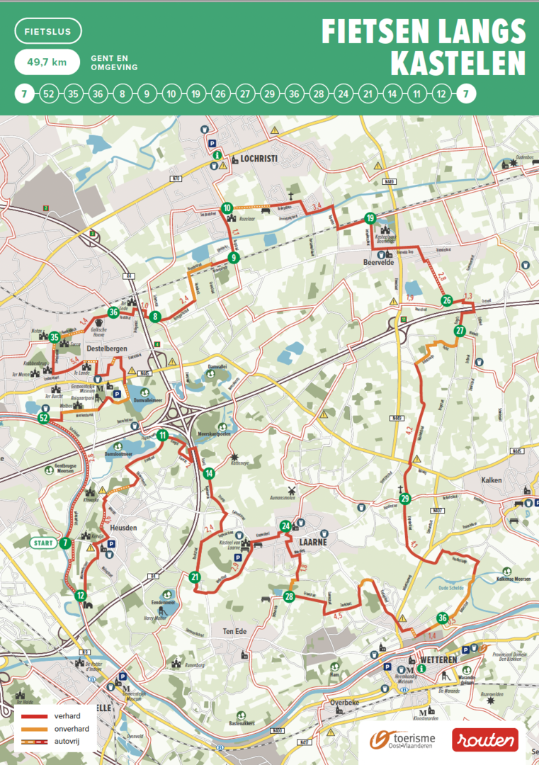 Kaart met fietsroute langs kastelen in Oost-Vlaanderen aan de hand van fietsknooppunten