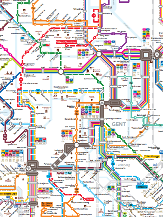 Netwerk kaart met alle bussen en tramlijnen van De Lijn in Gent