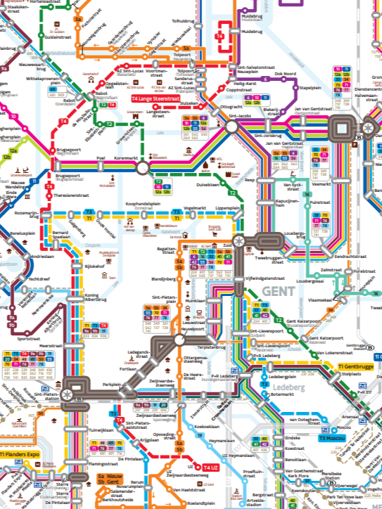 Network Map with all buses and tram lines of De Lijn in Ghent