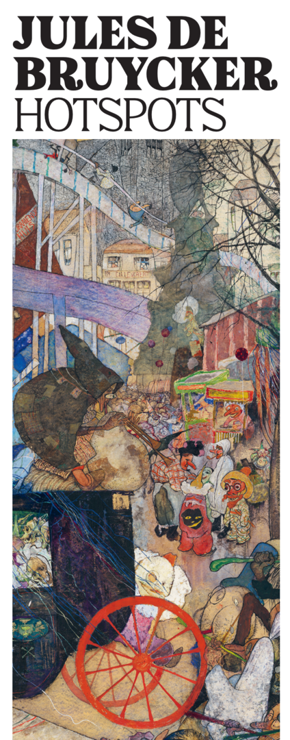 Cover van de stadswandeling langs de hotspots van kunstenaar Jules De Bruycker met daarop het kleurrijke werk 'Carnaval' van Jules De Bruycker'
