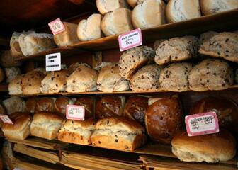 Verschillende soorten brood tentoongesteld met o.a. suikerbrood en krentenbrood.