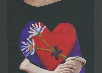 Collage van een vrouw met een hart en bloemen