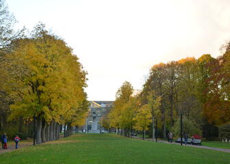 Zicht van het Koning Albertpark met in de verte het standbeeld van Koning Albert I.