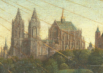 detail van de skyline van Gent op de achtergrond van het middenpaneel, wellicht de toenmalige Sint-Janskerk
