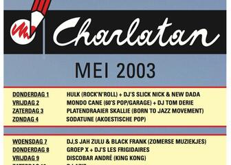 Affiche van Café Charlatan met het programma van mei 2003