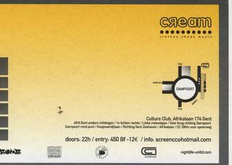 Flyer van Screen.01, een drum & bass party in Culture Club Gent februari 2002- achterkant