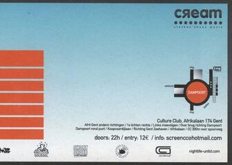 Flyer van Screen.02, een drum & bass party in Culture Club Gent in maart 2002- achterkant
