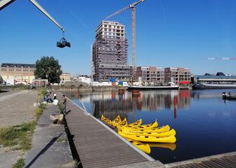 Groep gele kano's aan de haven